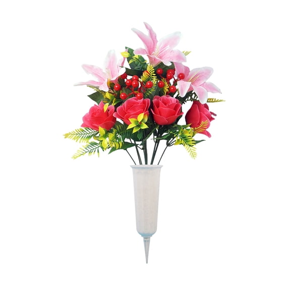 Dienrx Artificial Cemetery Flowers with Vase, 1 PCS Memorial Flowers for Graveside, Outdoor Silk Lily and Rose Arrangements, Sympathy Decor for All Seasons, Faux Plants
