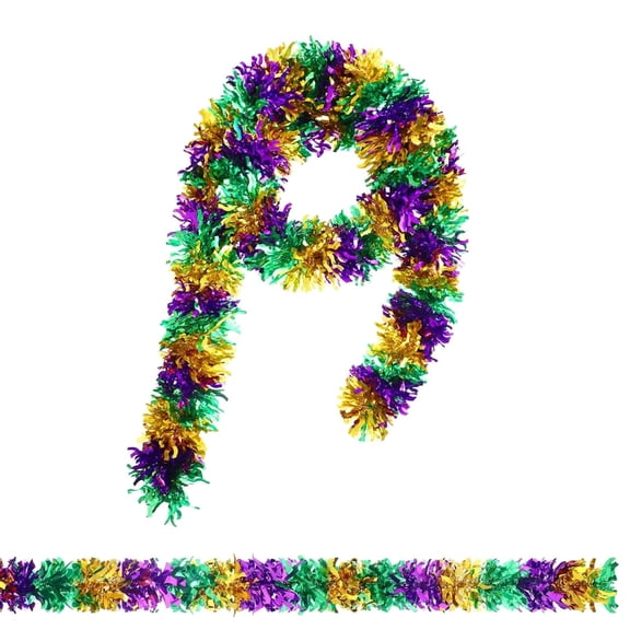 Dienrx Carnival Garland with Purple, Green, and Gold Shiny Streamers, Festive Party Decor for Mardi Gras, Halloween, and Home Celebration Events, Reusable Tinsel