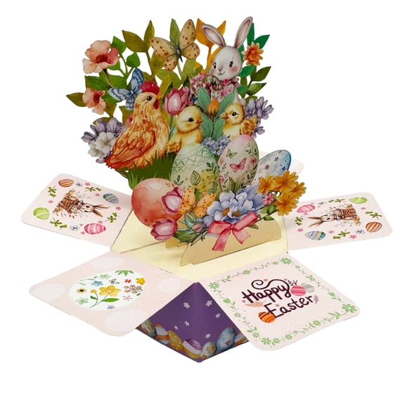 Dienrx Easter Bunny Hot Air Balloon 3D Pop-Up Card & Ornament, Rustic Tabletop Decoration with "Happy Easter" Greeting for Shelf Display