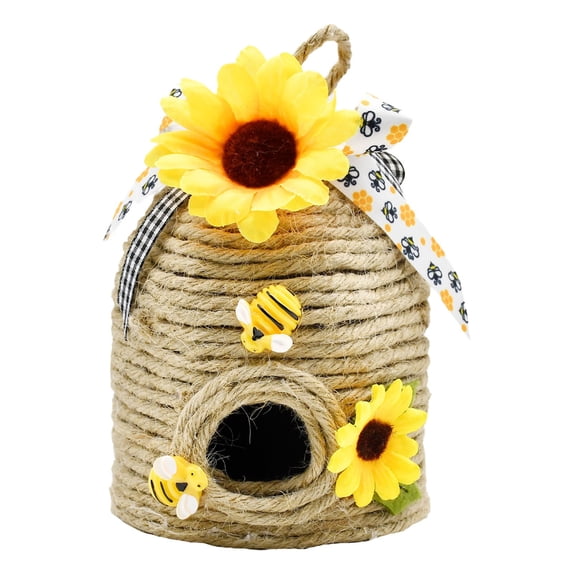 Dienrx Farmhouse Jute Wrapped Beehive Decoration with Sunflower & Plaid Bow, Rustic Spring & Summer Honey Bee Theme Decor for Kitchen Tiered Tray, Shelf, Table Centerpiece