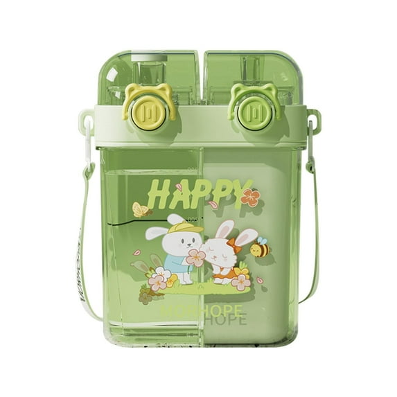 Dienrx Grass Green Double-Drinking Leak-Proof Straw Water Bottle - Kawaii Pattern Portable Mug | Dual-Chamber Design for Two Beverages, Travel, Picnic, Sports, Outdoor Enthusiasts, Young Users