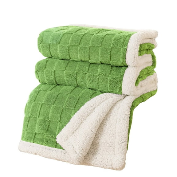 Dienrx Plush 3D Grid Blanket, Double Sided Fleece Throw for Sofa Bed Camping, Lightweight Warm - Green 100*150Cm, 1X Jacquard Blanket Lambskin Double Layer Thickening