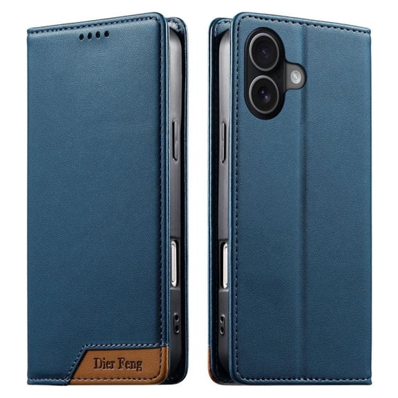 Dierfeng Leather For Apple iPhone 16 Plus Wallet Case with RFID Blocking, Wallet for Women Men Card Holder Magnetic Clasp Kickstand Folio Case,Blue,For iPhone 16 Plus