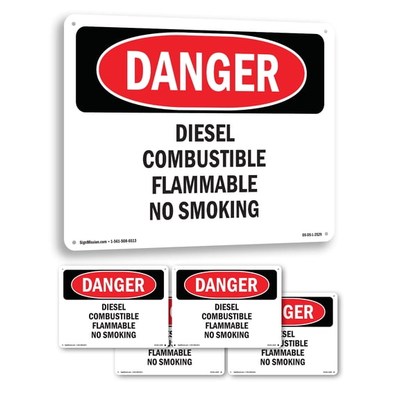 Diesel Combustible Flammable No Smoking OSHA Danger Aluminum Sign 18 Inch x 12 Inch - 5 Pack