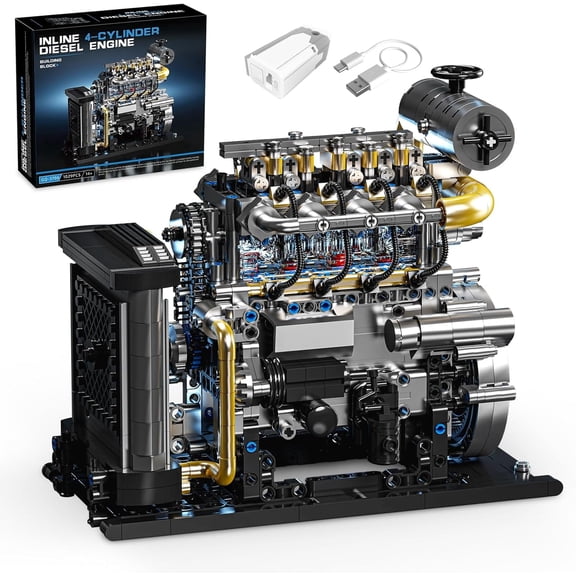 Diesel Engine Model Kit that Runs, MOC Mini Inline 4-Cylinder Diesel Engine Building Set with Motor Compatible with Lego, Mechanical Engineering STEM Toy for Teens Adults (1029 PCS)