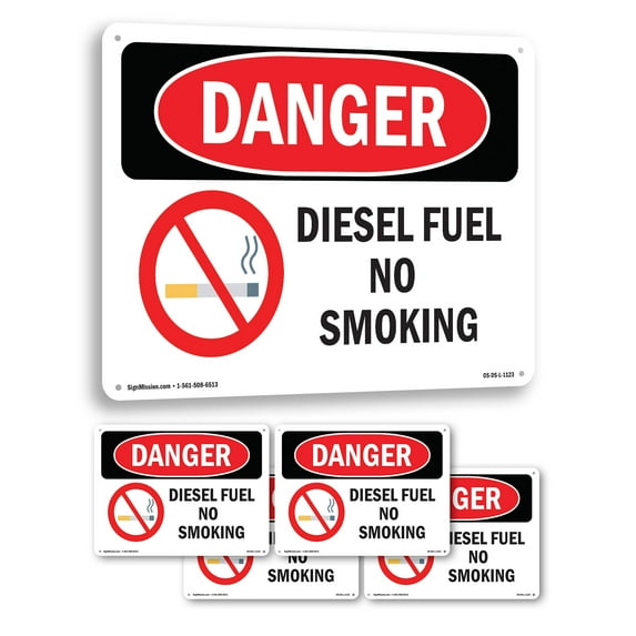 Diesel Fuel No Smoking OSHA Danger Rigid Plastic Sign 14 Inch x 10 Inch - 5 Pack