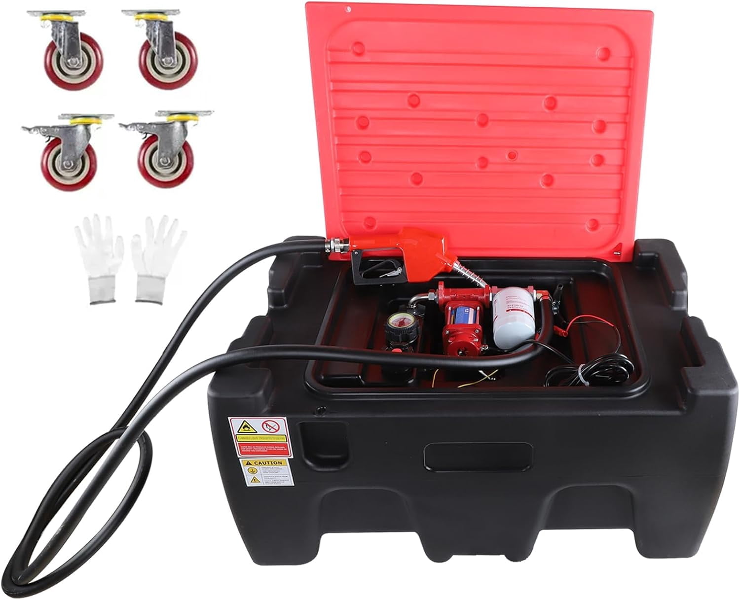 Diesel Gasoline Fuel Transfer Caddy Tank with 12V DC Self-Priming Fuel Transfer Pump for Cars, Motorcycles, Boats, Lawn Mowers, Snowblowers, Manual Fueling Nozzle, 12GPM Flow Rate, 40 Gallon