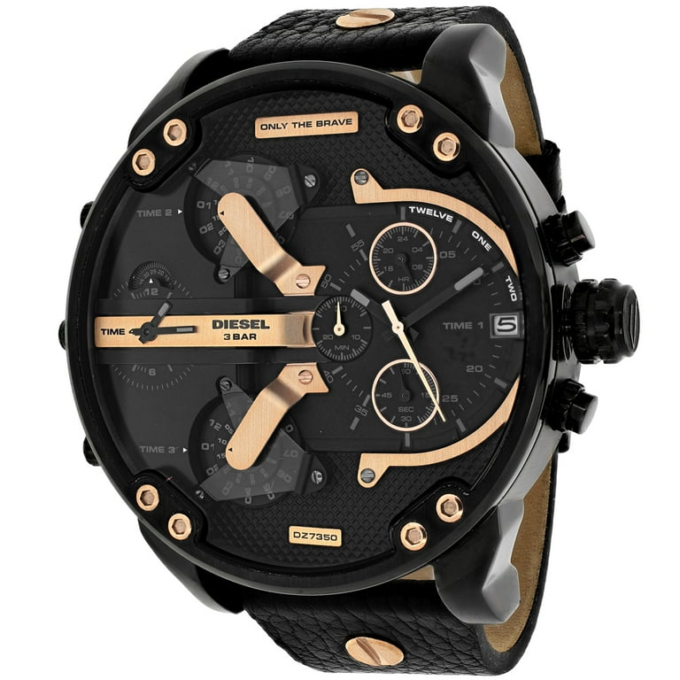 Diesel Men's DZ7350 Black Leather Quartz Watch, Stainless Steel
