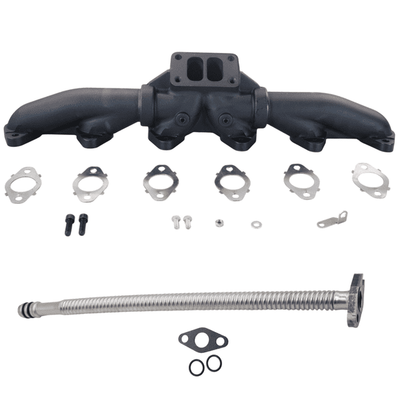 Diesel Power Source T3 3-Piece Exhaust Manifold Kit + 25" Stainless Turbo Oil Drain Tube for 1998-2002 Dodge Ram 5.9L 24V Cummins High Flow Performance Faster Spool Lower EGTs Direct Bolt-On Upgrade