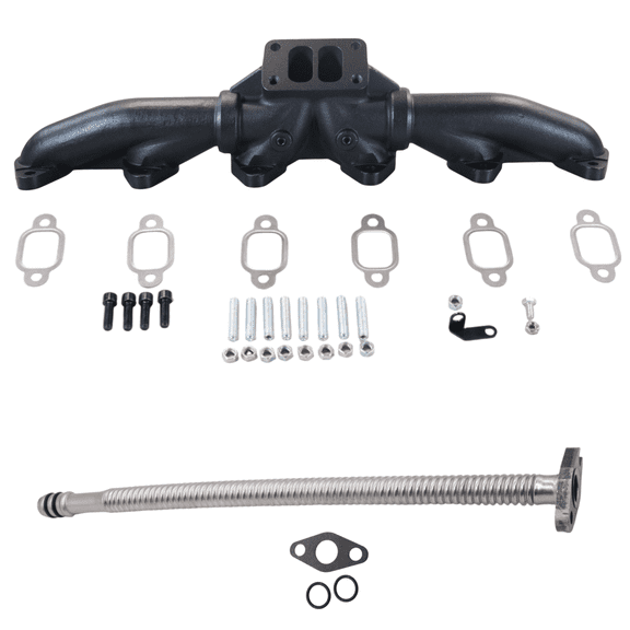 Diesel Power Source T3 Exhaust Manifold + 25" Turbo Oil Drain Tube Bundle 1988-1998 Dodge Ram 5.9L 12V Cummins Direct Fit Performance Upgrade Kit Better Flow, Lower EGTs, Faster Spool