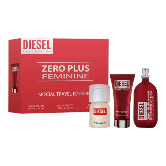 Diesel Zero Red Plus 3 Piece Gift Set for Women (2.5 OZ Eau De Toilette, Mini Perfume, 3.4 OZ Body Lotion