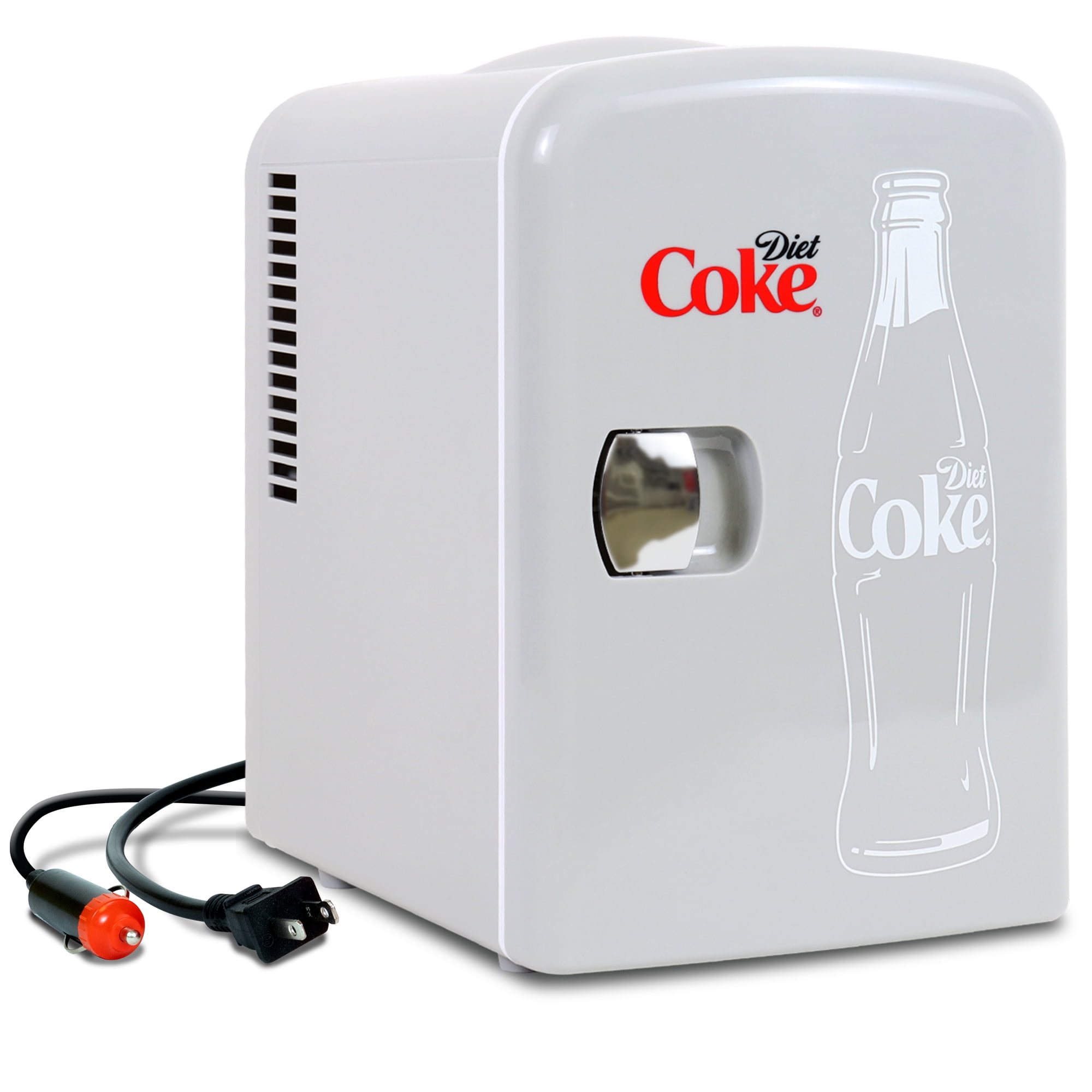 Diet Coke 4L Mini Fridge w/ 12V DC and 110V AC Cords, 6 Can Portable  Cooler, Personal Travel Refrigerator, Gray