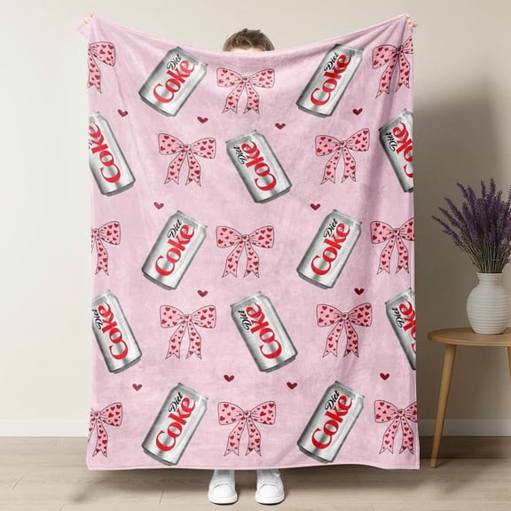 Diet Coke Original Flavor Pink Bows & Red Hearts Flat Velvet Blanket, Soft Plush Thin Quilt for Office, Holiday Gift for Girls