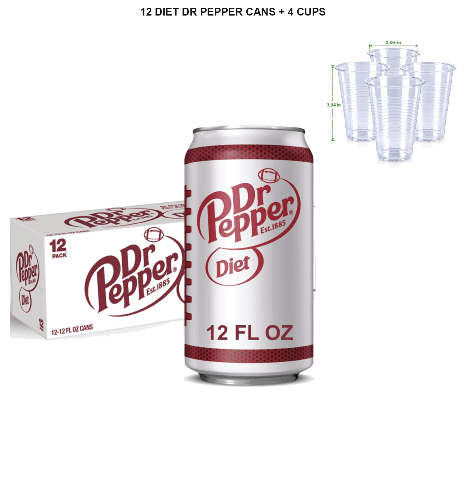 Diet Dr Pepper Soda, 12 Cans, 12 fl oz Each with 4x Disposable Cups ...
