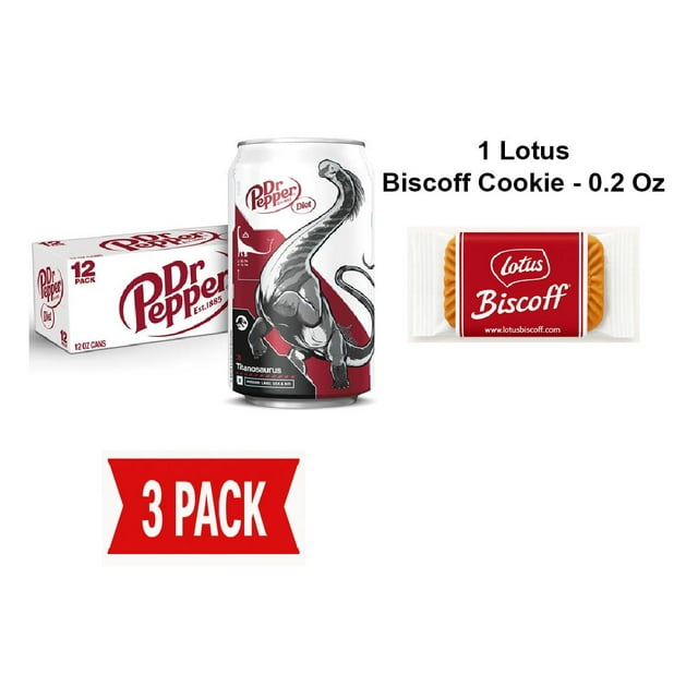 Diet Dr Pepper Soda, 12 Fl Oz Cans, 12 Pack - Pack Of 3 & Lotus Biscoff Cookie - 0.2 Oz - 1 ct