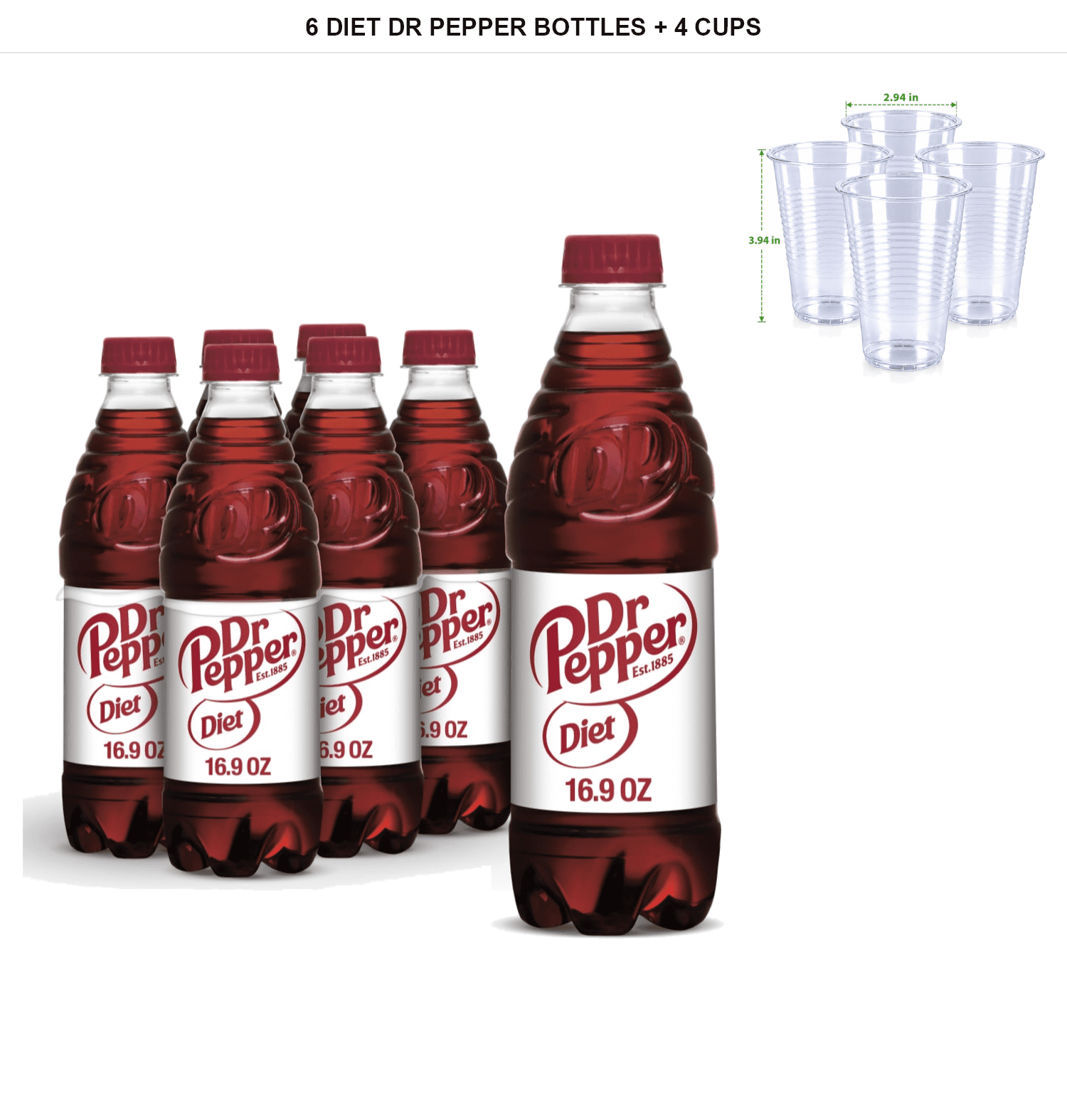Diet Dr Pepper Soda, 6 Bottles, 16.9 fl oz Each with 4x Disposable Cups ...