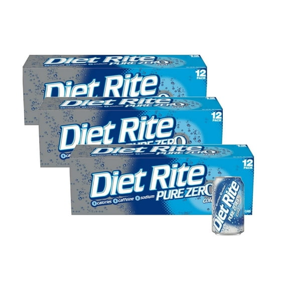Diet Rite Pure Zero Cola Original Soda Soft Drink Cans - 3 Cases (36 Count)