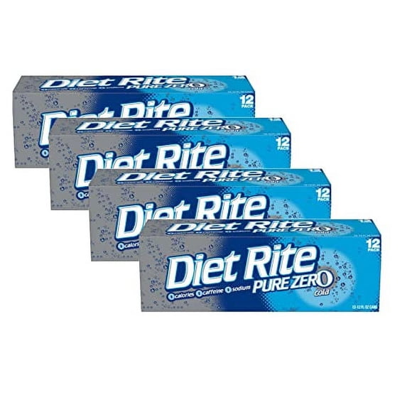 Diet Rite Pure Zero Cola Original Soda Soft Drink Cans - 4 Cases (48 Count)