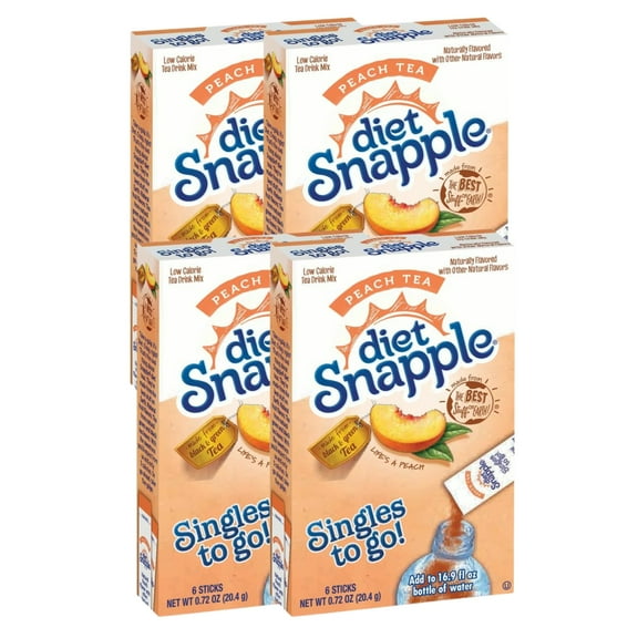 Diet Snapple Peach Tea On the Go, Powdered Drink Mix, Zero Sugar, Low-Calorie Fruity Flavored Easy to Prepare Indoor & Outdoor Picnic Drink Mix 4 Boxes, 6 Sticks per Box, 24 Total Servings