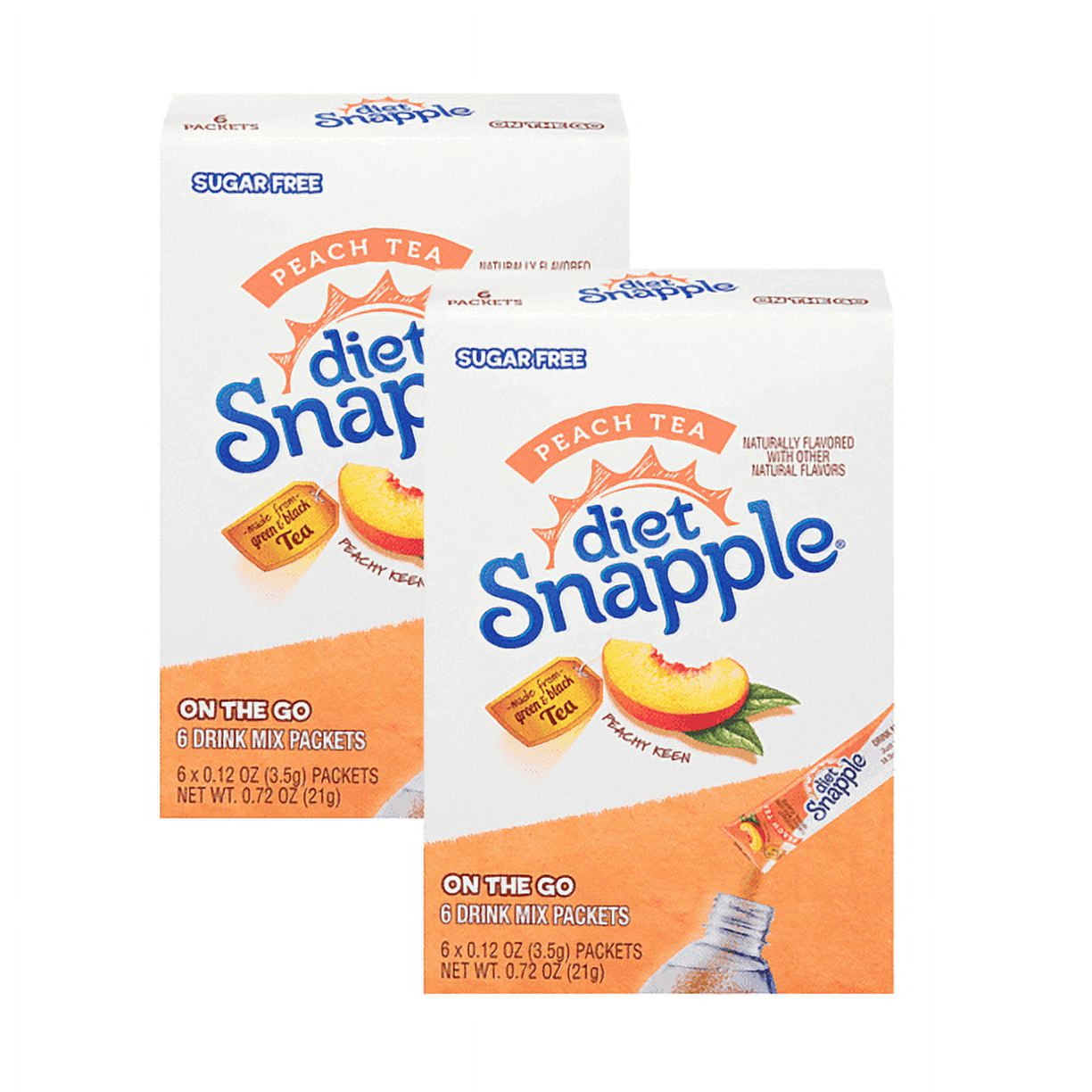 Diet Snapple Peach Tea Singles to Go, Powdered Drink Mix, Zero Sugar, Low-Calorie Fruity Flavored Easy to Prepare Indoor & Outdoor Picnic Drink Mix 2 Boxes, 6 Sticks per Box, 12 Total Serving