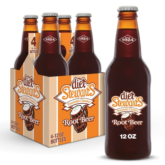 Diet Stewart's Root Beer Soda, 12 fl oz glass bottles, 4 Pack