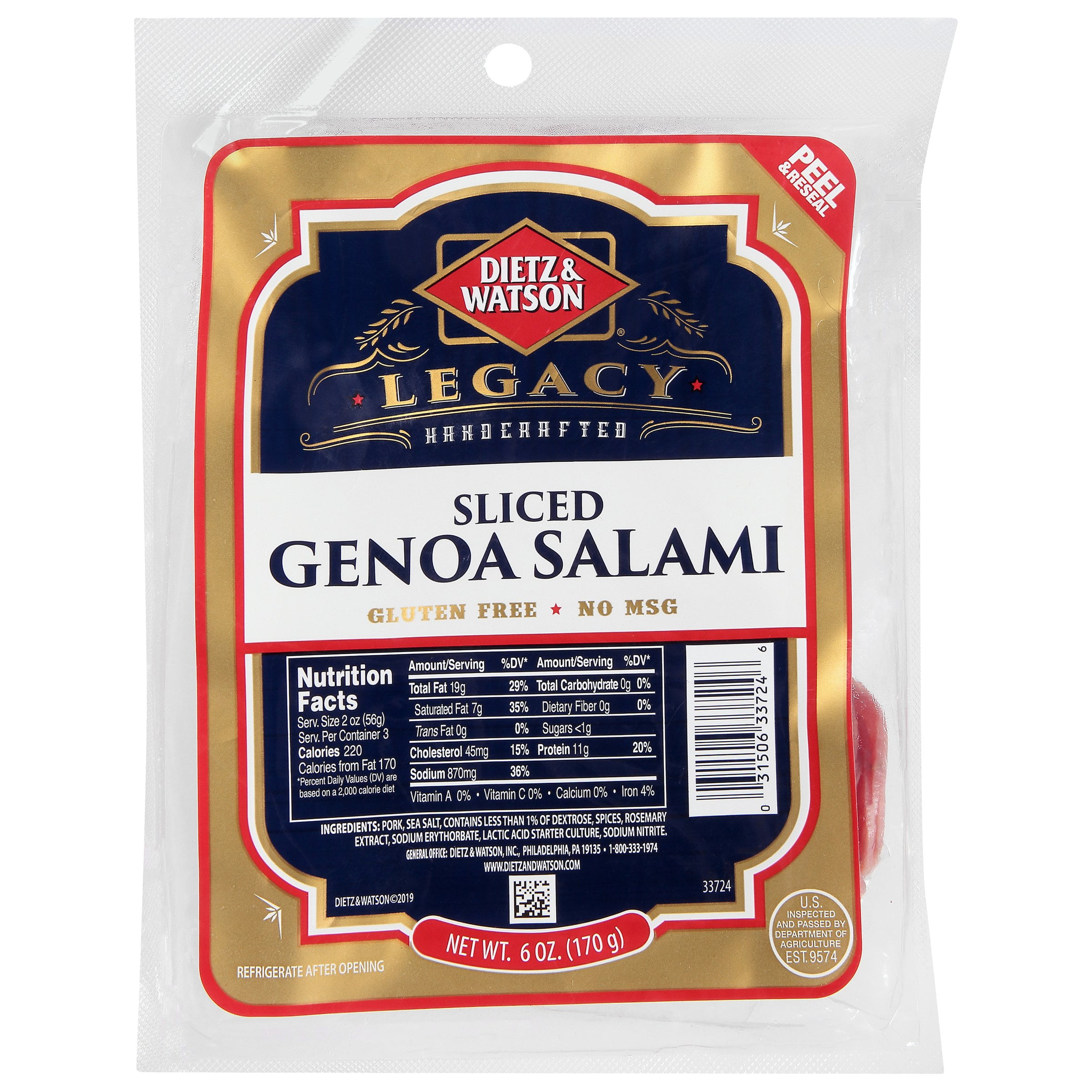 Dietz & Watson Sliced Genoa Salami, 6 oz Plastic Resealable Package