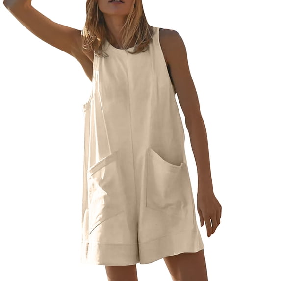 Difdany 2024 Women's Jumpsuits Solid Color Sleeveless One-Piece Wide Long Jumpsuits Ruffle Crew Neck Fashion Rompers Jumpsuit Outfits Beige M