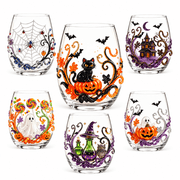 Difdany 2D Halloween Artisan Glassware Collection, Clear Stemless Drinking Glass with Ghost Pumpkin Owl Black Cat and Spiderweb Artwork for Cocktails Juice Iced Coffee and Table Decor