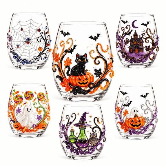 Difdany 2D Halloween Artisan Glassware Collection, Clear Stemless Drinking Glass with Ghost Pumpkin Owl Black Cat and Spiderweb Artwork for Cocktails Juice Iced Coffee and Table Decor