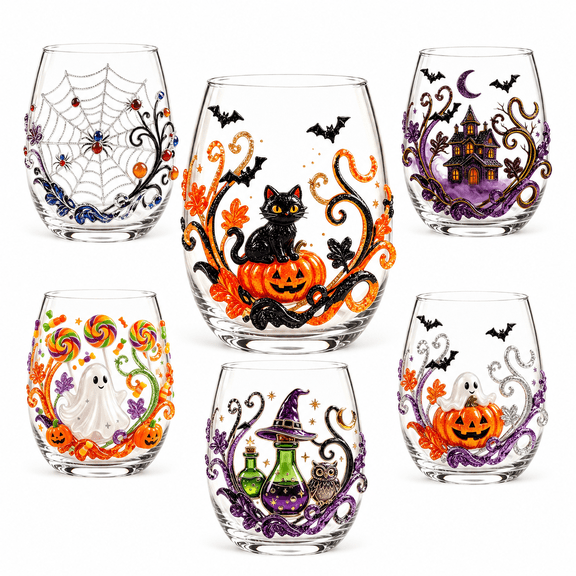 Difdany 2D Halloween Artisan Glassware Collection, Clear Stemless Drinking Glass with Ghost Pumpkin Owl Black Cat and Spiderweb Artwork for Cocktails Juice Iced Coffee and Table Decor