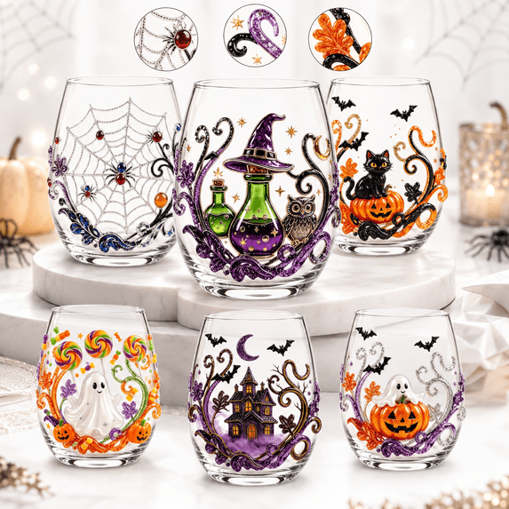 Difdany 2D Halloween Artisan Glassware Collection, Stemless Halloween Glass with Colorful 2D Pumpkin Ghost Moon Bat and Haunted House Designs for Fall Parties and Seasonal Display