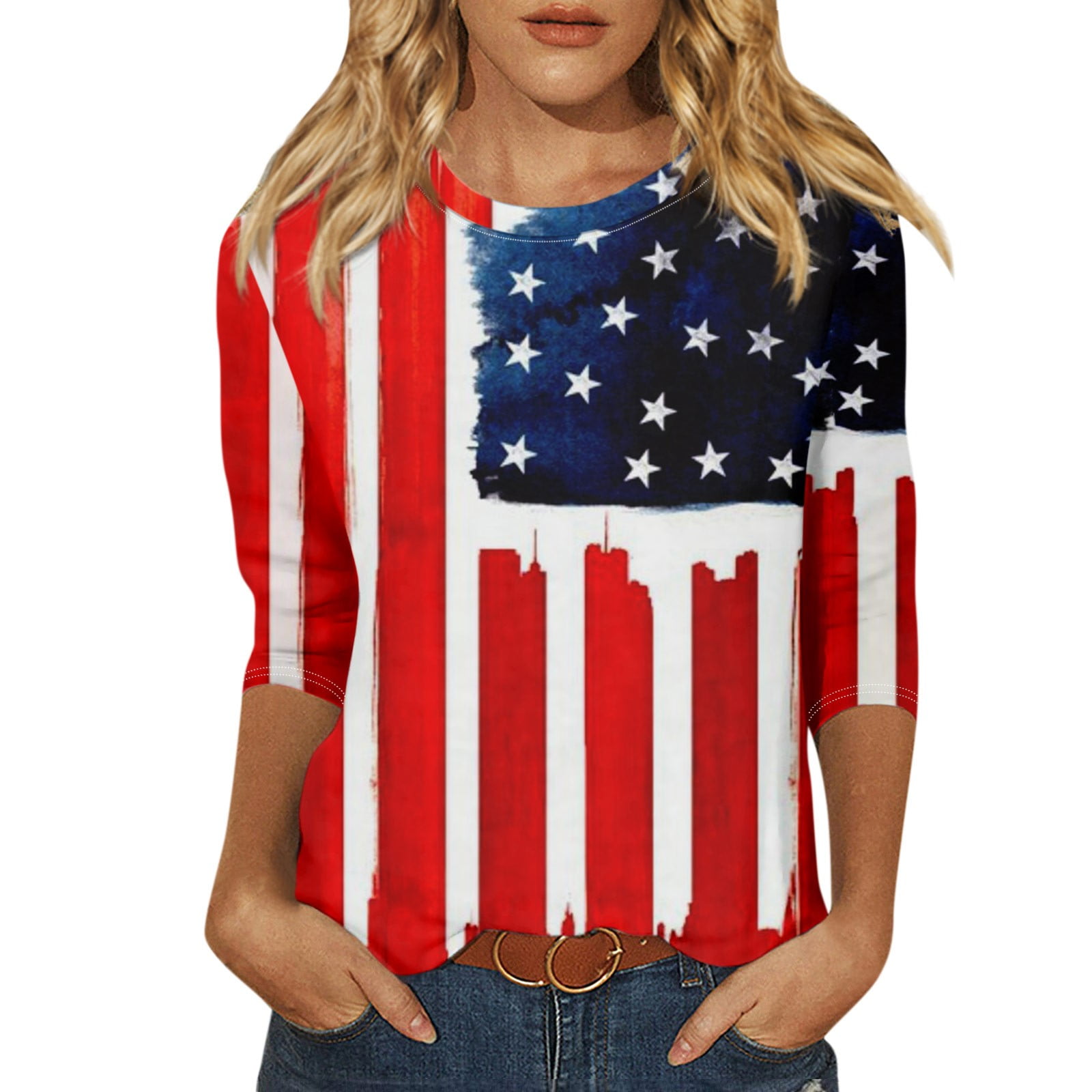 Difdany 4th Of July Tee Shirts for Women Basic 3/4 Sleeve Tees Round Neck Graphic Cute Pullover