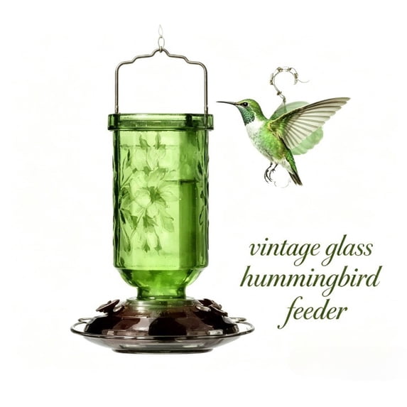 Difdany Antique Teal Glass Hummingbird Feeder with Ant Moat, Flower Shaped Feeding Ports and Perch Ring, Easy Clean Outdoor Bird Feeder