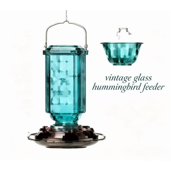Difdany Antique Teal Glass Hummingbird Feeder with Ant Moat, Flower Shaped Feeding Ports and Perch Ring, Easy Clean Outdoor Bird Feeder