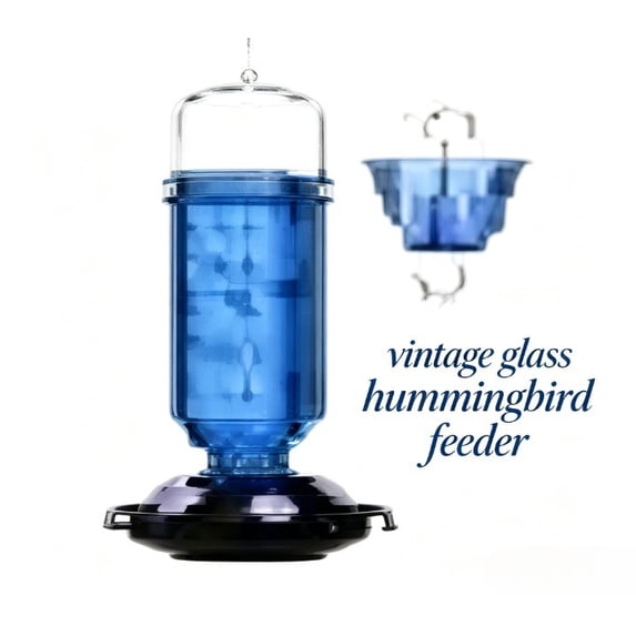 Difdany Antique Teal Glass Hummingbird Feeder with Ant Moat, Flower Shaped Feeding Ports and Perch Ring, Easy Clean Outdoor Bird Feeder