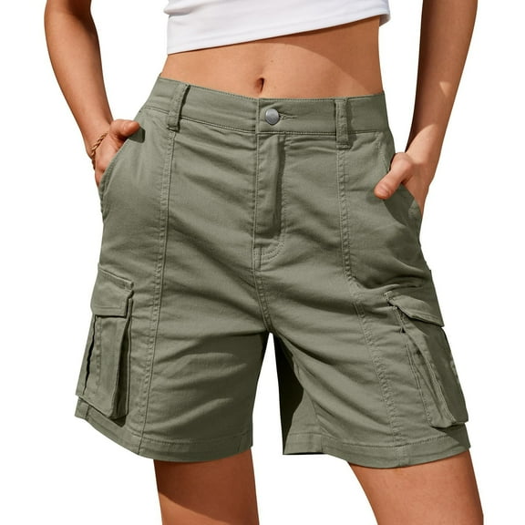 Difdany Bermuda Shorts for Women Cargo Shorts Knee Length 6 Pockets Elastic Waist Long Shorts for Summer Casual Army Green 2XL