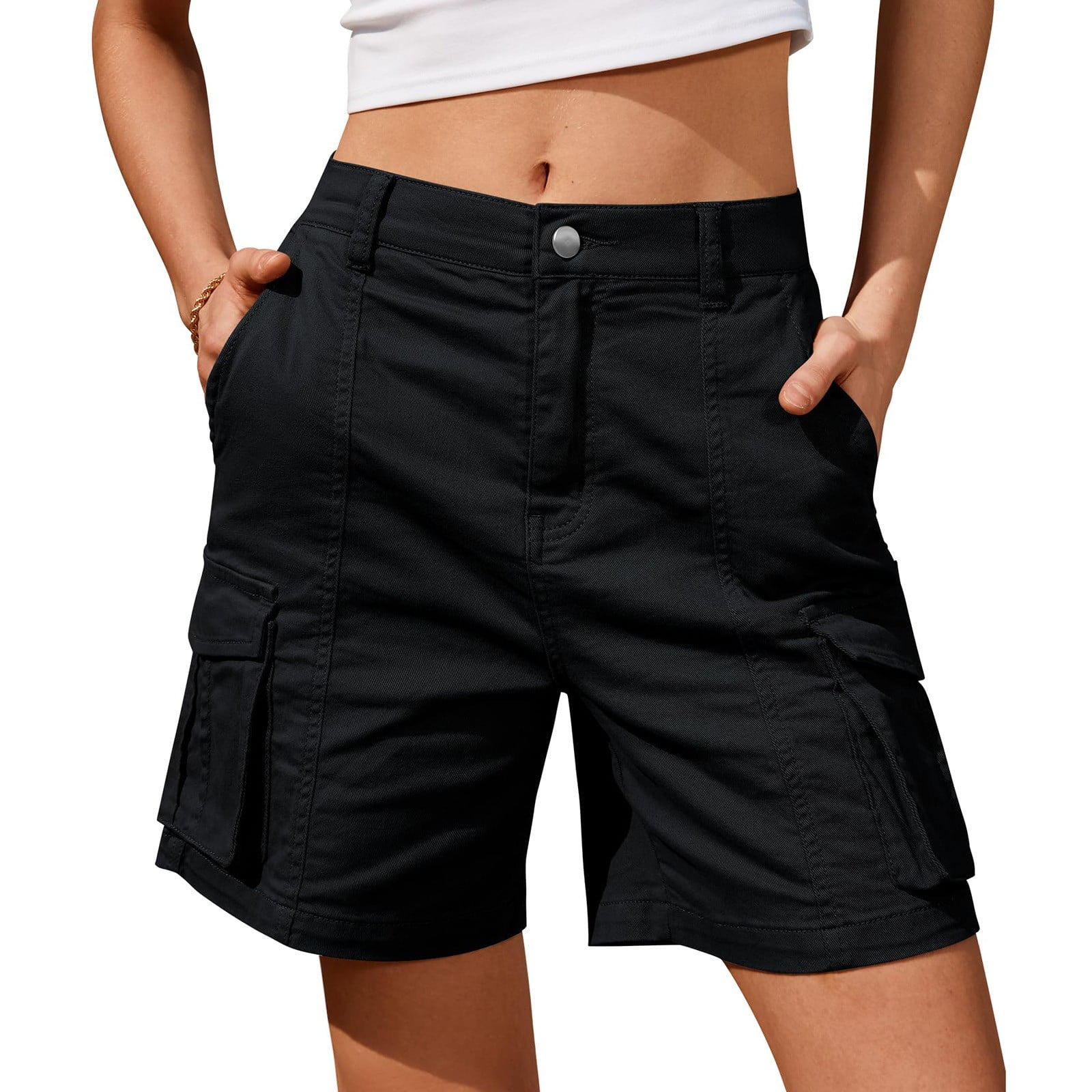 Difdany Women's Bermuda Shorts, Black Cargo, KneeLength, 6 Pockets — free download