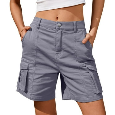 Difdany Bermuda Shorts for Women Cargo Shorts Knee Length 6 Pockets Elastic Waist Long Shorts for Summer Casual Gray L