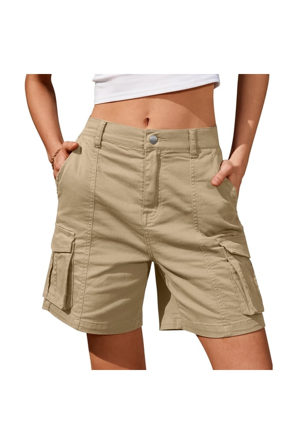 Bermuda Shorts for Women Cargo Shorts Knee Length 6 Pockets Elastic Waist Long Shorts for Summer Casual Khaki M