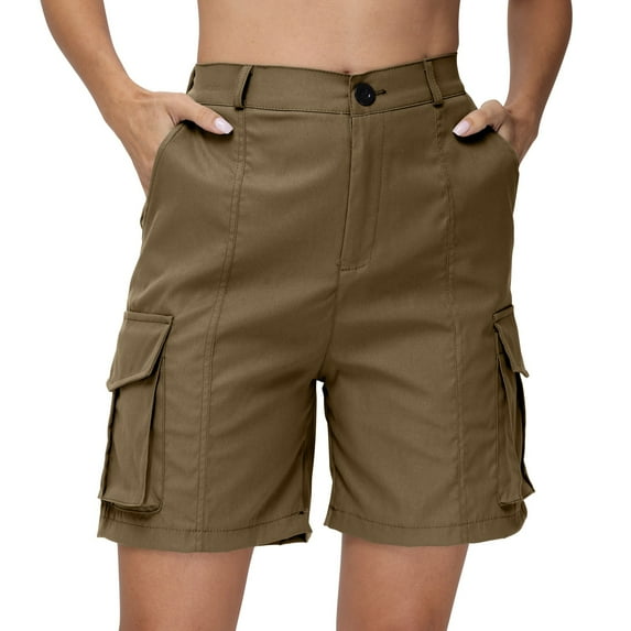 Difdany Bermuda Shorts for Women Cargo Shorts Knee Length 6 Pockets Elastic Waist Long Shorts for Summer Casual Light Brown L