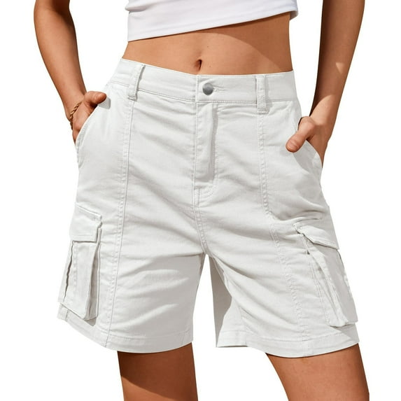 Difdany Bermuda Shorts for Women Cargo Shorts Knee Length 6 Pockets Elastic Waist Long Shorts for Summer Casual White 2XL