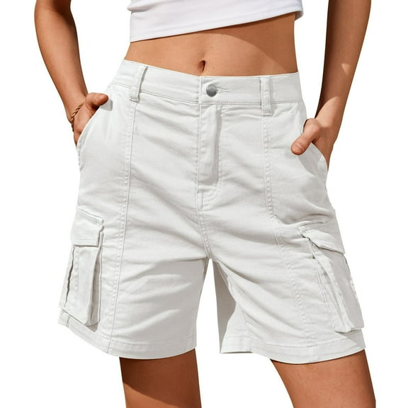 Difdany Bermuda Shorts for Women Cargo Shorts Knee Length 6 Pockets Elastic Waist Long Shorts for Summer Casual White 2XL
