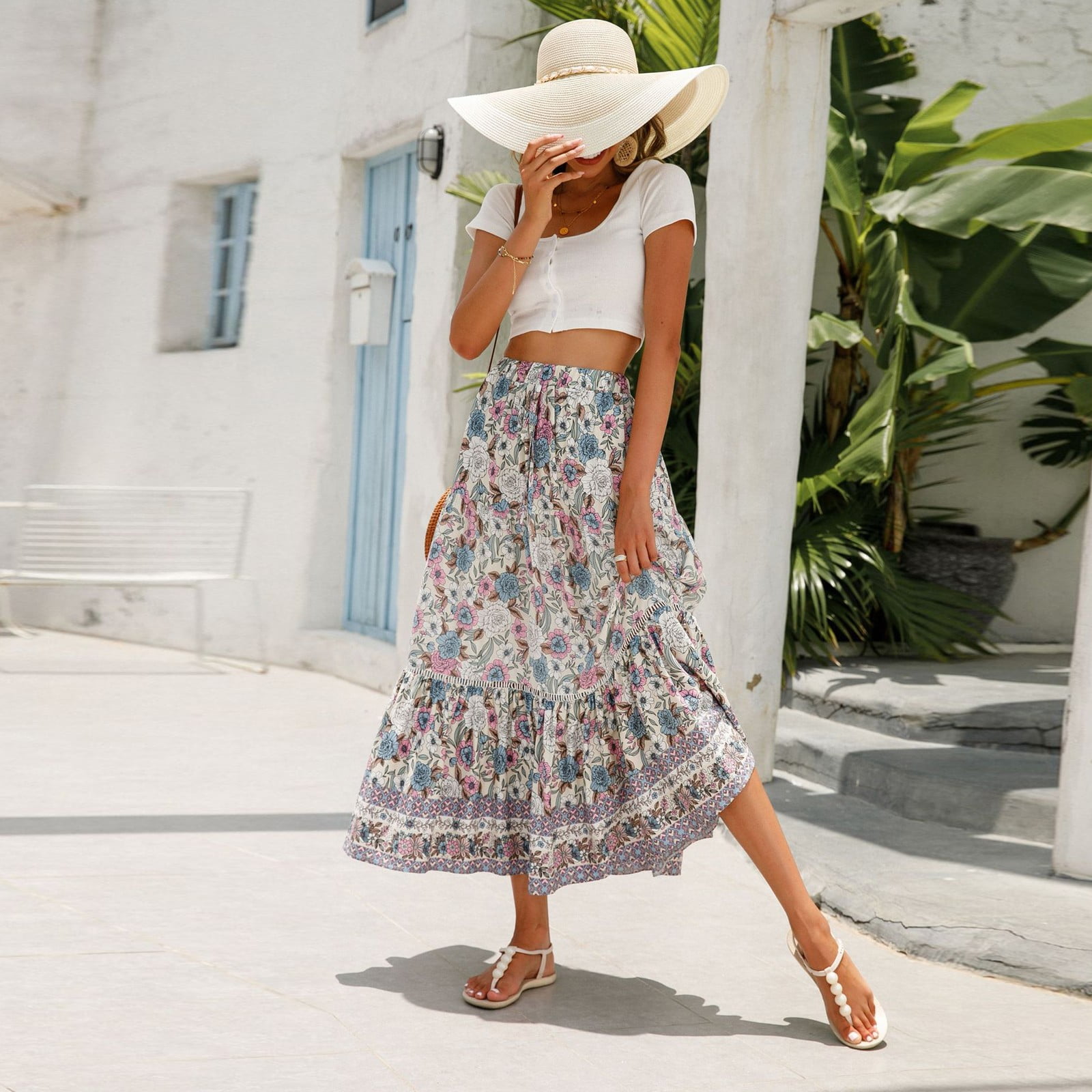 Smocked Waist Maxi Skirt with Drawstring & Center Slit – Boho Flowy Skirt