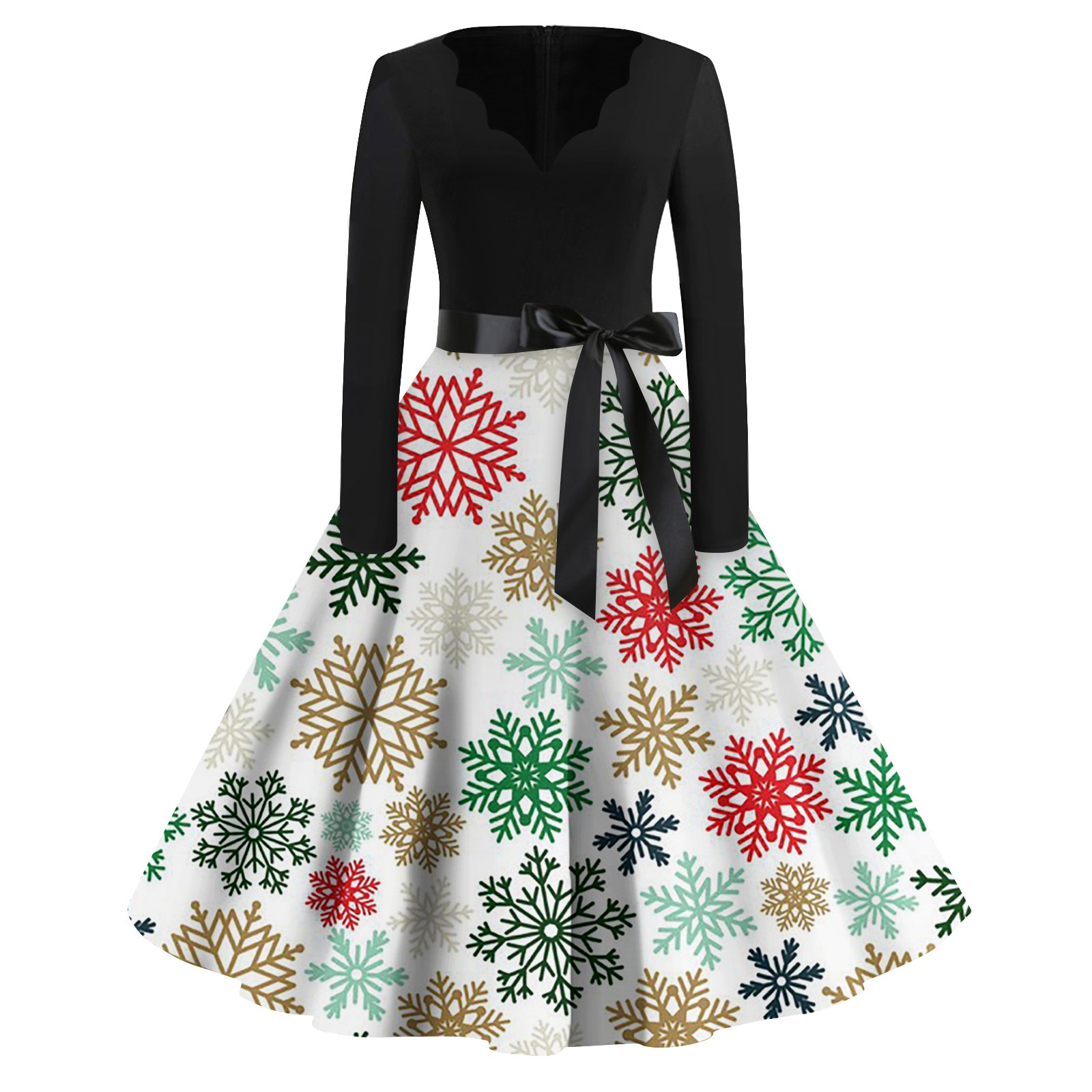 Difdany Christmas Dresses Women Long Sleeve Hepburn Dresses with Belt
