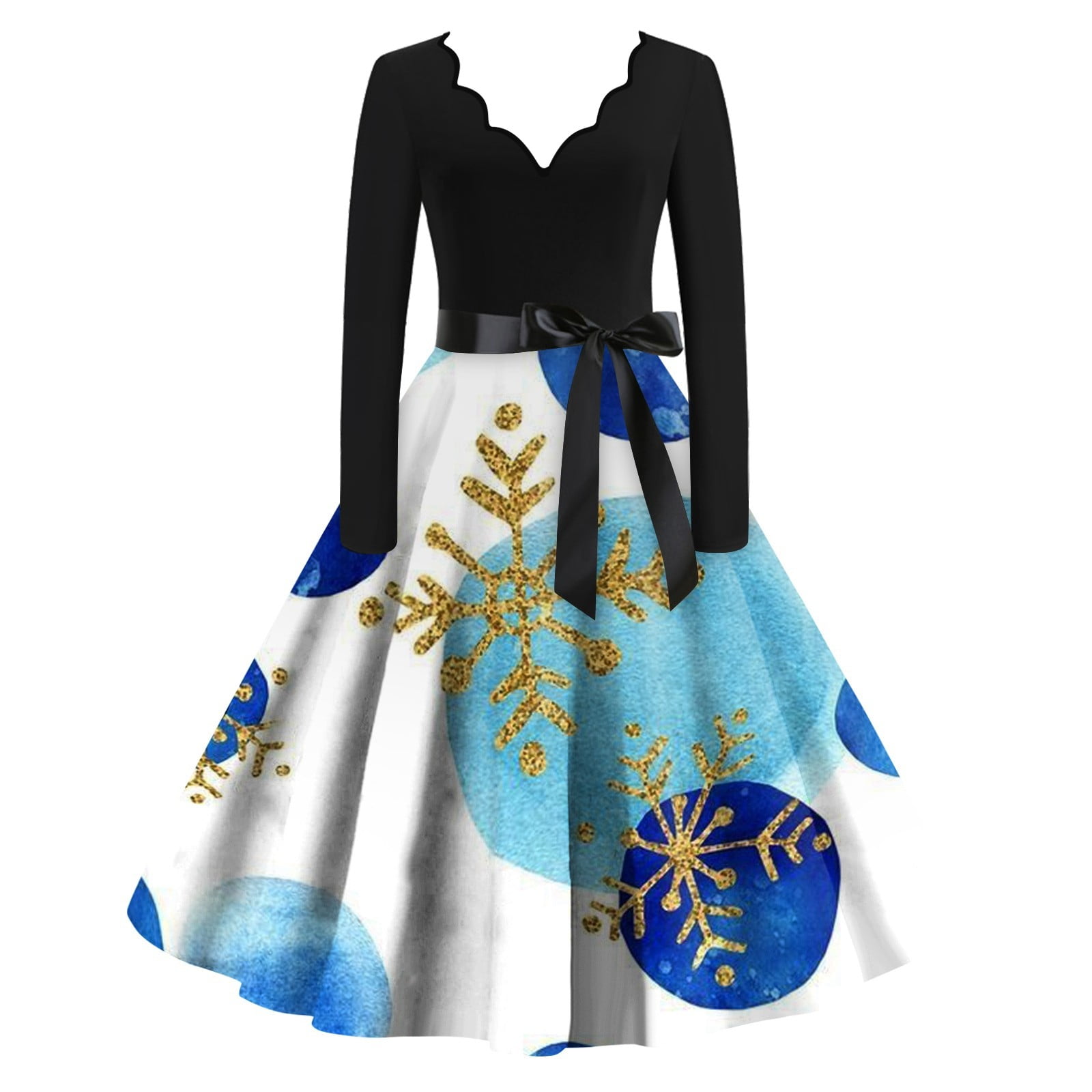 Difdany Christmas Print Dresses for Women Long Sleeve Vintage Hepburn