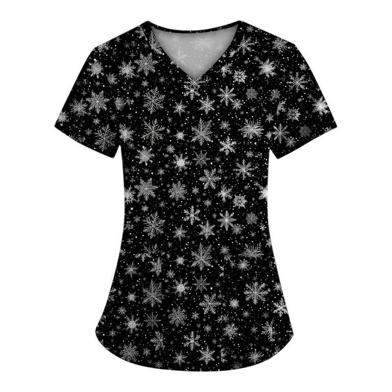 Difdany Christmas Scrub Tops Plus Size Short Sleeve V-Neck Fun
