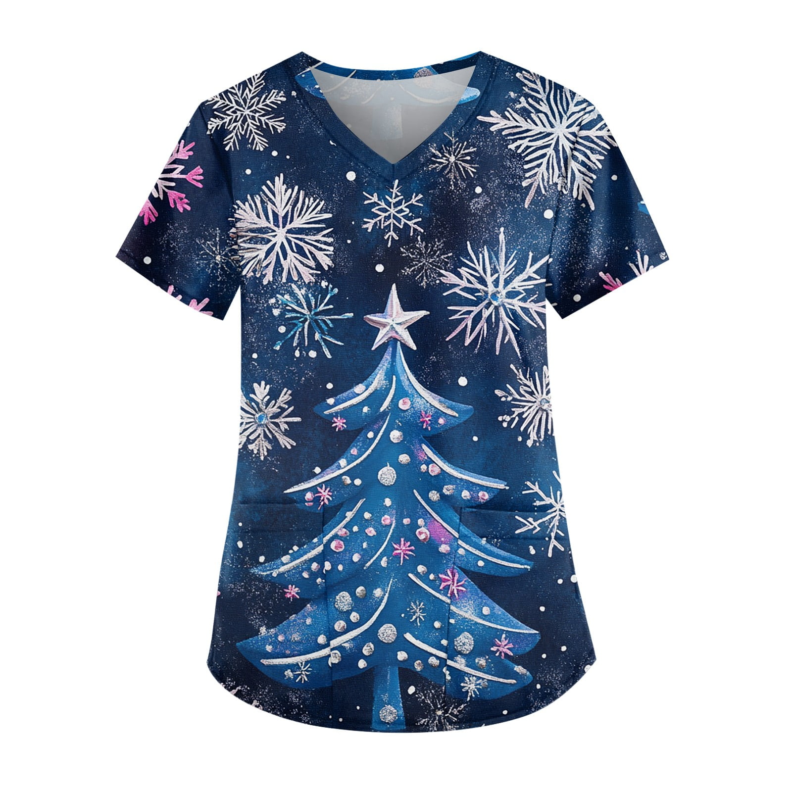 Difdany Womens Scrub Tops Christmas Cute Santa Print VNeck Short