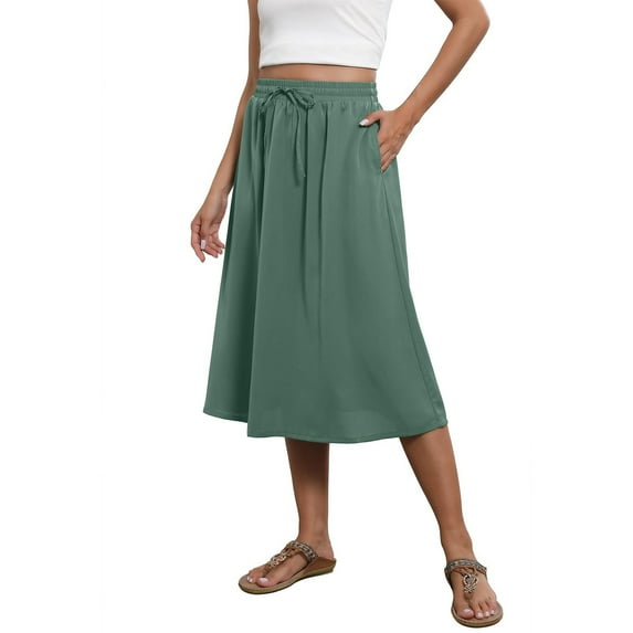 Difdany Women's Bohemian A-Line Elastic Waist Flowy Midi Skirt with Pockets Dark Green S