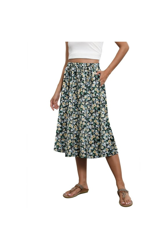 Flowy Skirt Midi Length Elastic High Waist A-Line Skirt with Pockets Bohemia for Women 2025 Trendy Army Green 2XL