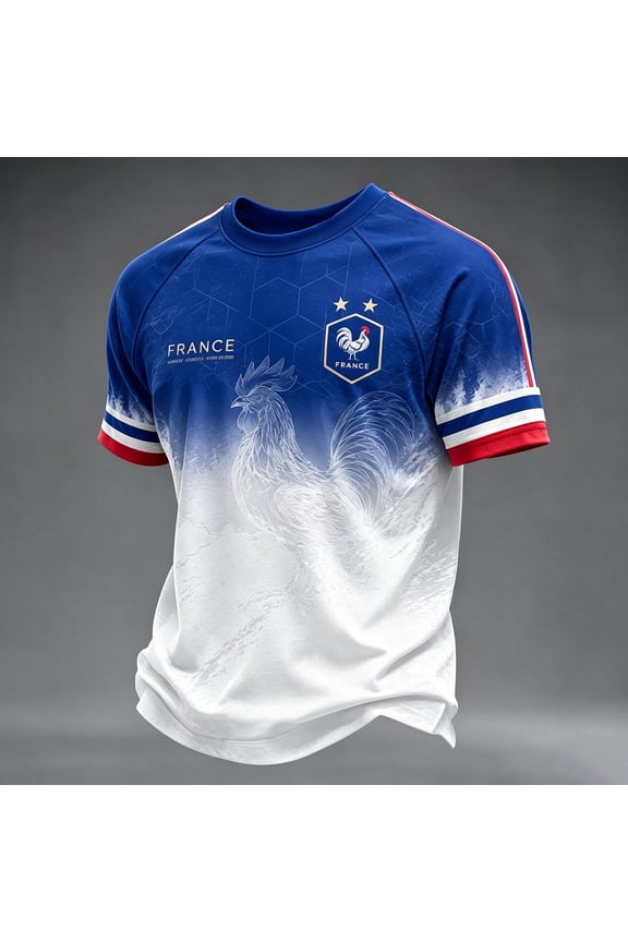 France Soccer Jersey, Men French Rooster Print Short Sleeve Training Game Day Tee, Athletic Soccer Fan Supporter T-Shirt
